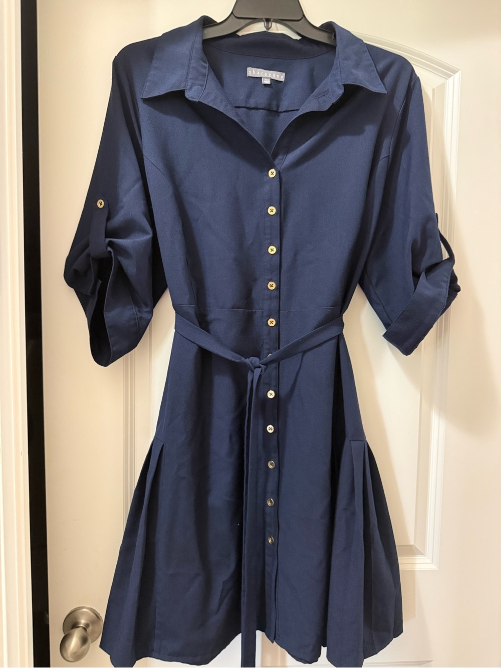 Sharagano Navy Button-Front Midi Shirt Dress with Tie Waist and Pleated Skirt